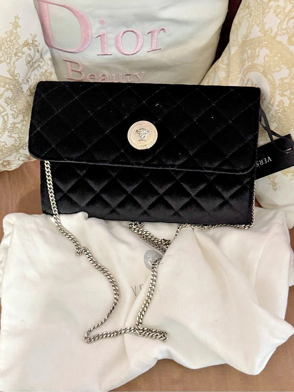 Versace Velvet Quilted Medusa Chain Clutch Black